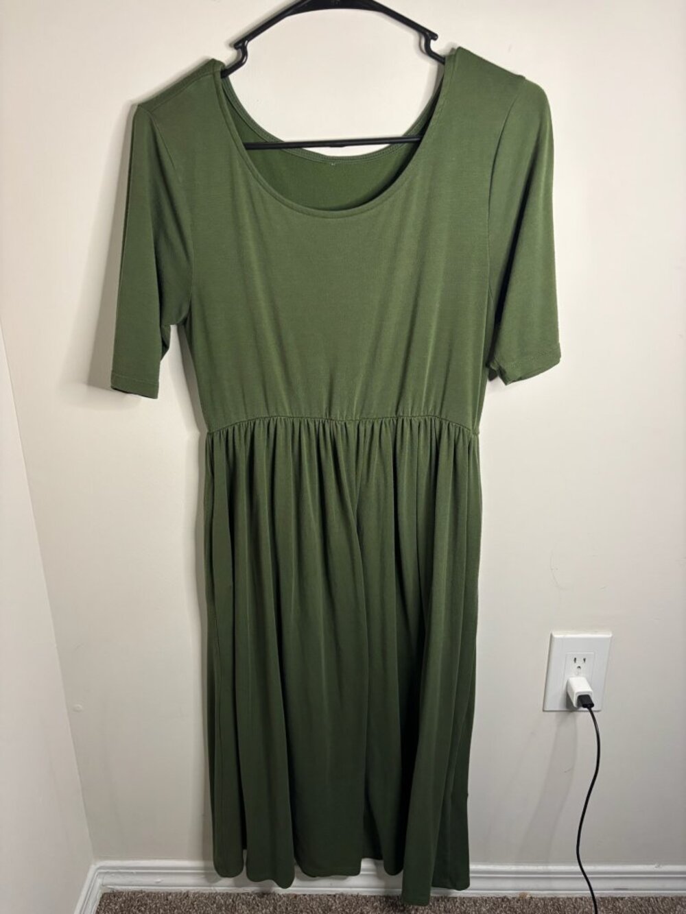 Olive Green A-Line Linen 3/4 Sleeve Dress